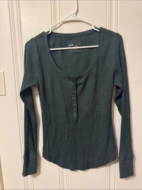 aerie Dark Teal Ribbed Henley Long-Sleeve Top